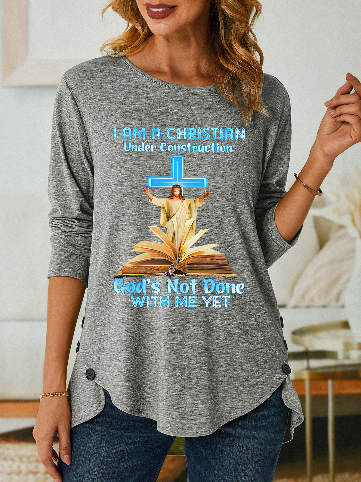 Jesus A Christian Under Construction Classic Three-Button Crew Neck T-Shirt