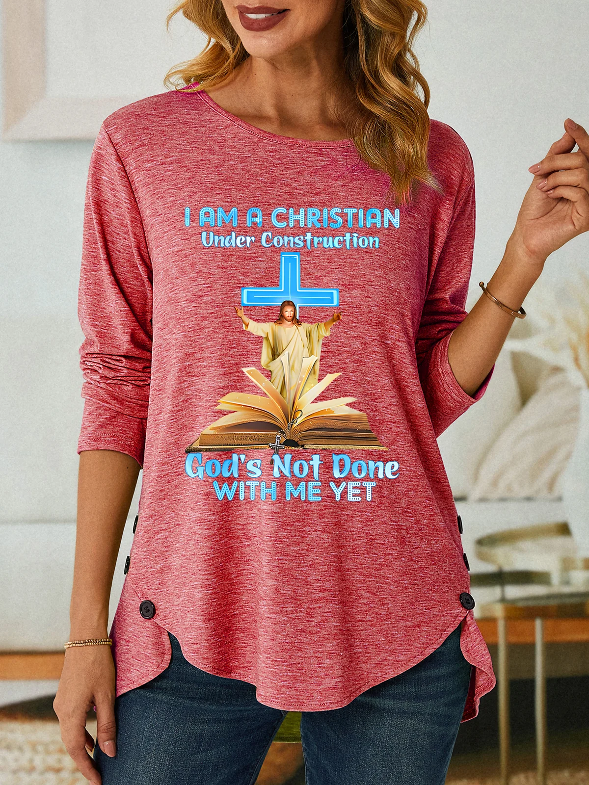 Jesus A Christian Under Construction Classic Three-Button Crew Neck T-Shirt