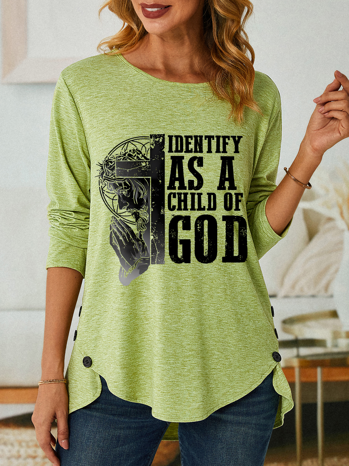 Identify As A Child Of God Jesus God Christian Three-Button Crew Neck T-Shirt