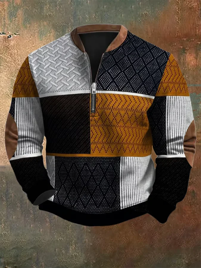 Men's Retro Western Textured Print Zip Collar Sweatshirt