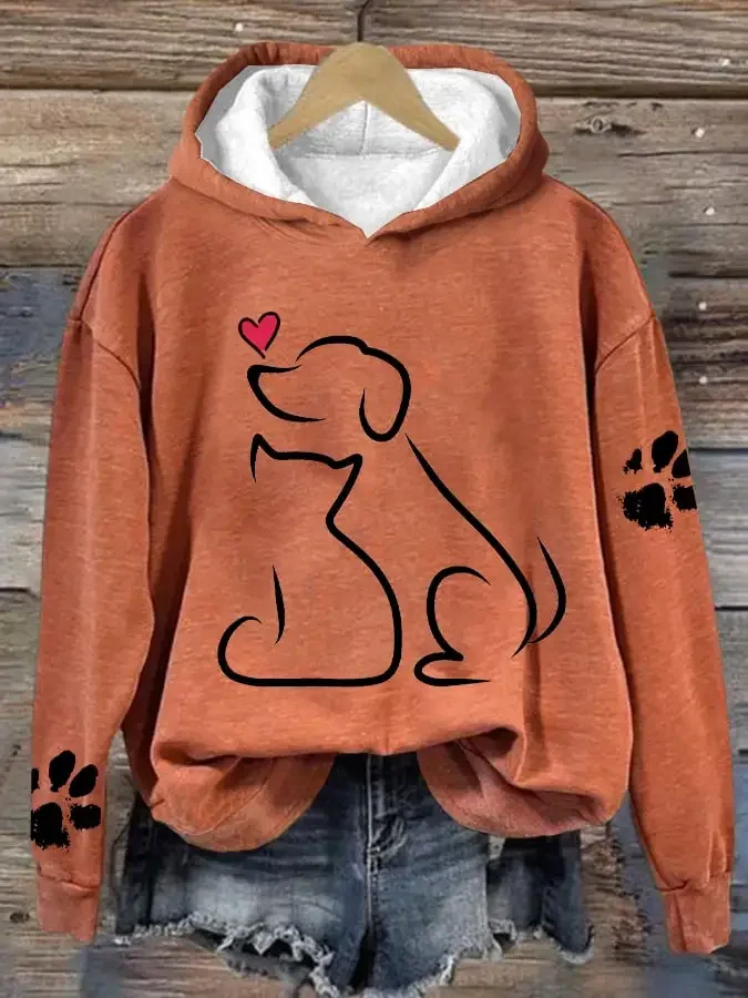 Women's Dog And Love Valentine's Day Loose Casual Hoodie