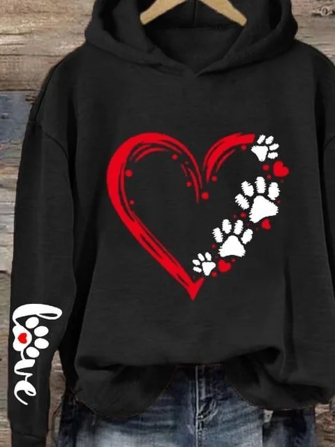 Women's Dog Paw Print Love Valentine's Day Loose Casual Hoodie