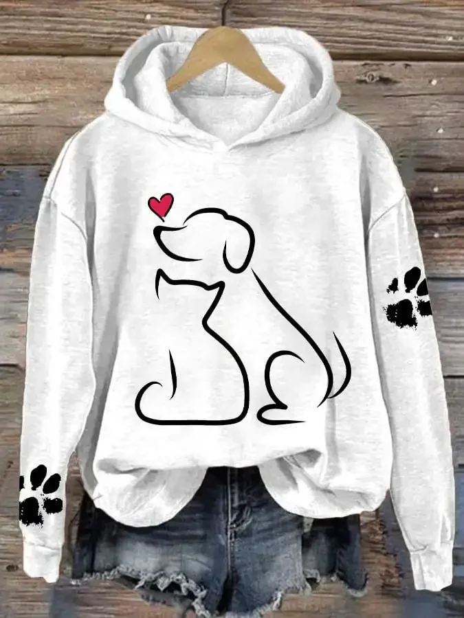 Women's Dog And Love Valentine's Day Loose Casual Hoodie