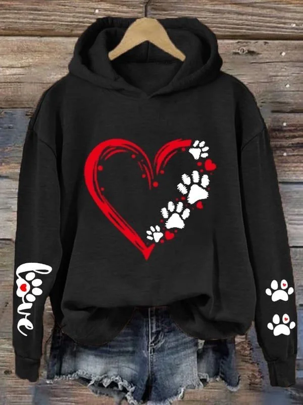 Women's Dog Paw Print Love Valentine's Day Loose Casual Hoodie