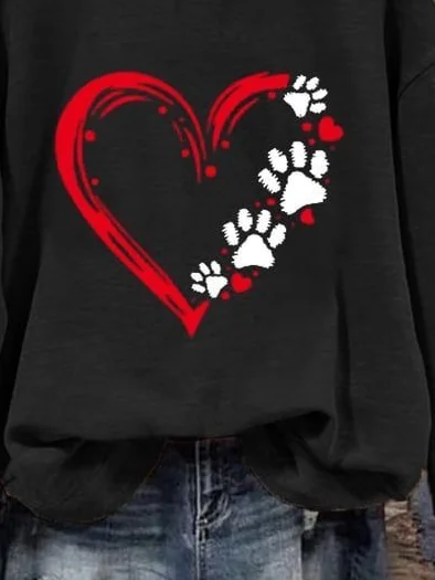 Women's Dog Paw Print Love Valentine's Day Loose Casual Hoodie