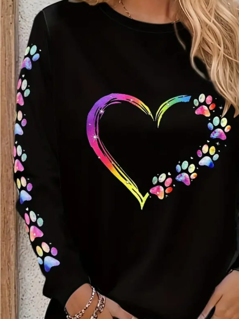 Women's Dog Paw Print Heart Valentine's Day Long Sleeve T-Shirt