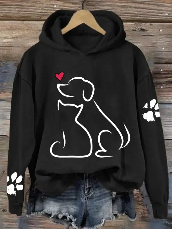 Women's Dog And Love Valentine's Day Loose Casual Hoodie