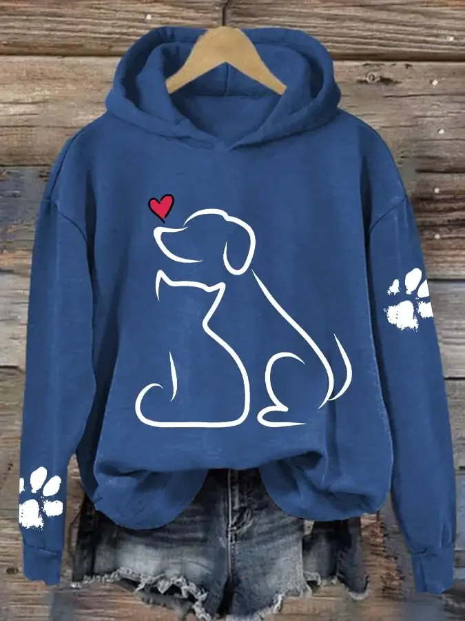 Women's Dog And Love Valentine's Day Loose Casual Hoodie