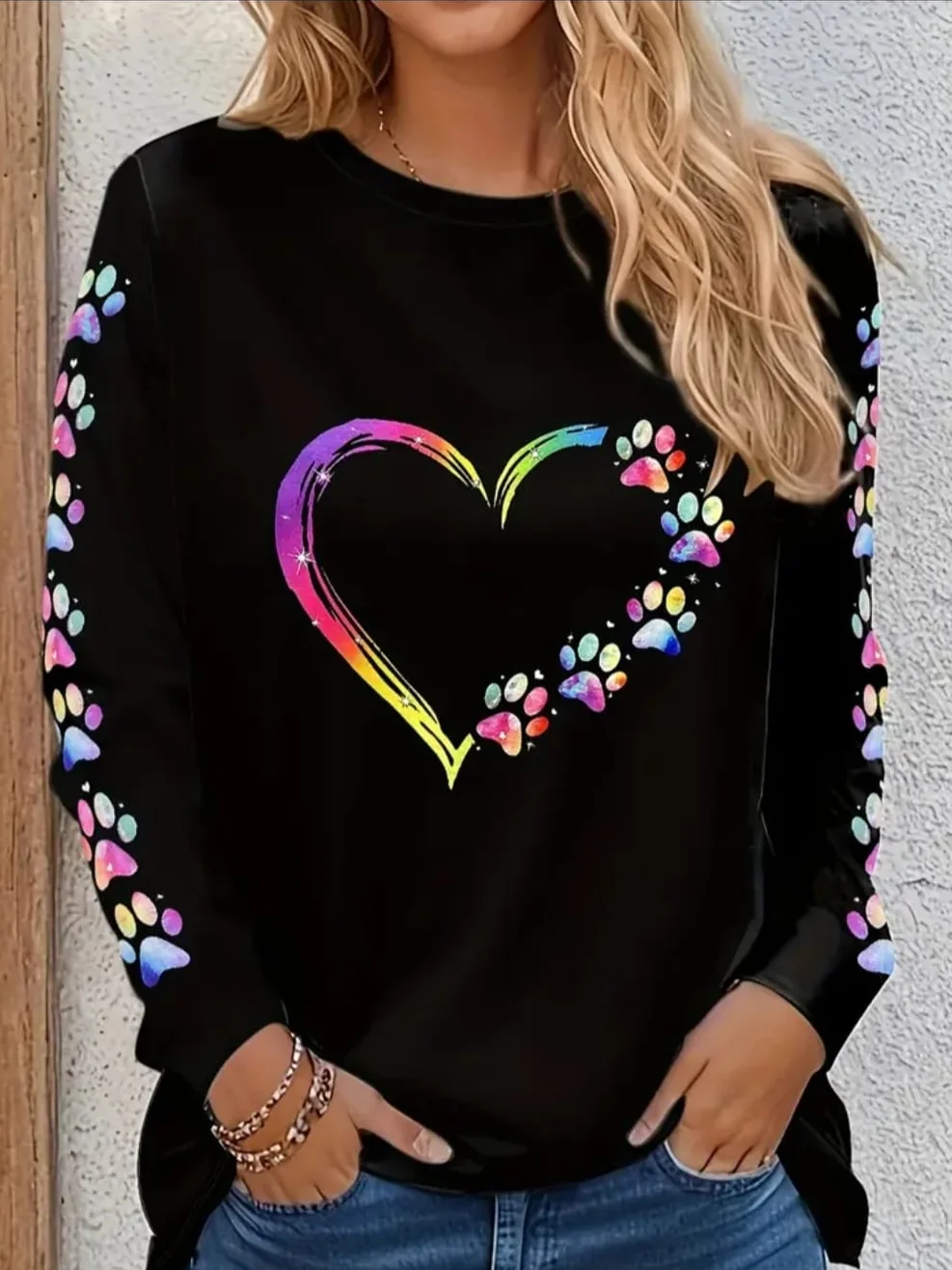 Women's Dog Paw Print Heart Valentine's Day Long Sleeve T-Shirt