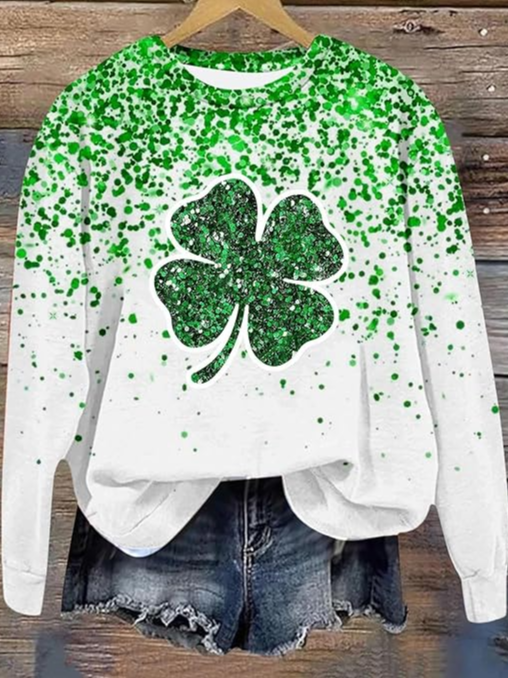 Women's St. Patrick's Day Irish Shirt Green sequin print long-sleeved four-leaf Clover  Sweatshirt