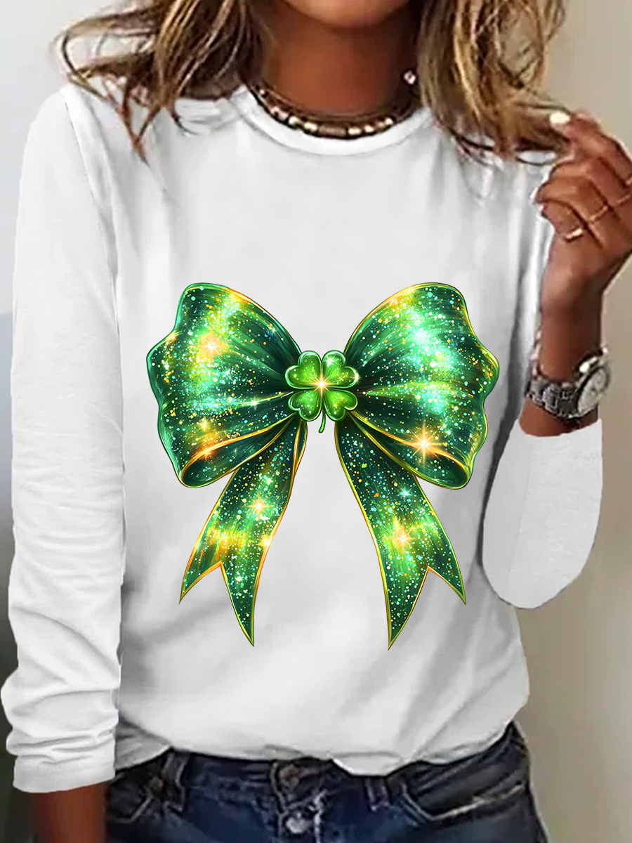 St. Patrick's Day Bow Shamrock Casual Long Sleeve Shirt