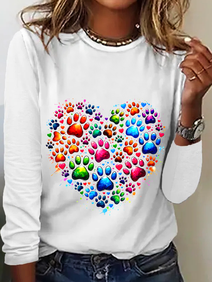 Colorful Paws Heart Casual Long Sleeve Shirt