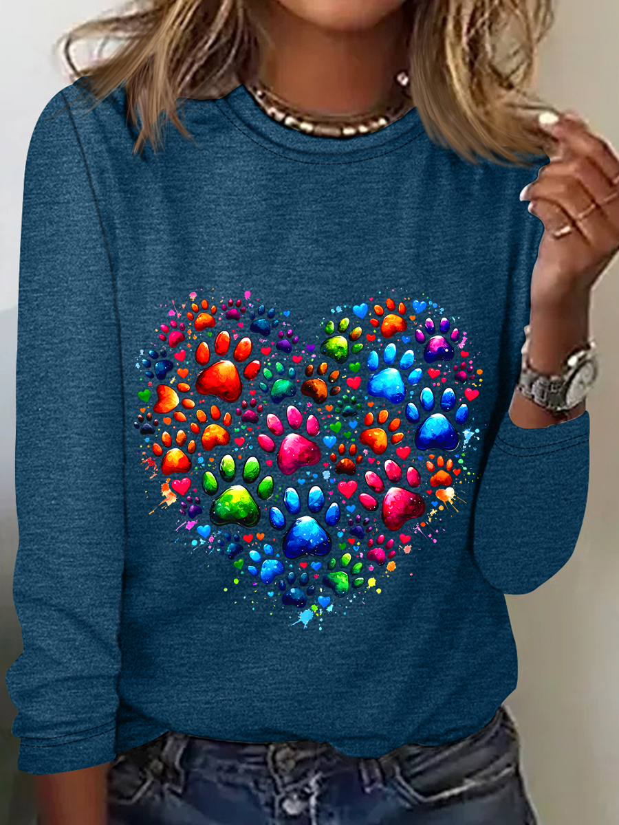 Colorful Paws Heart Casual Long Sleeve Shirt