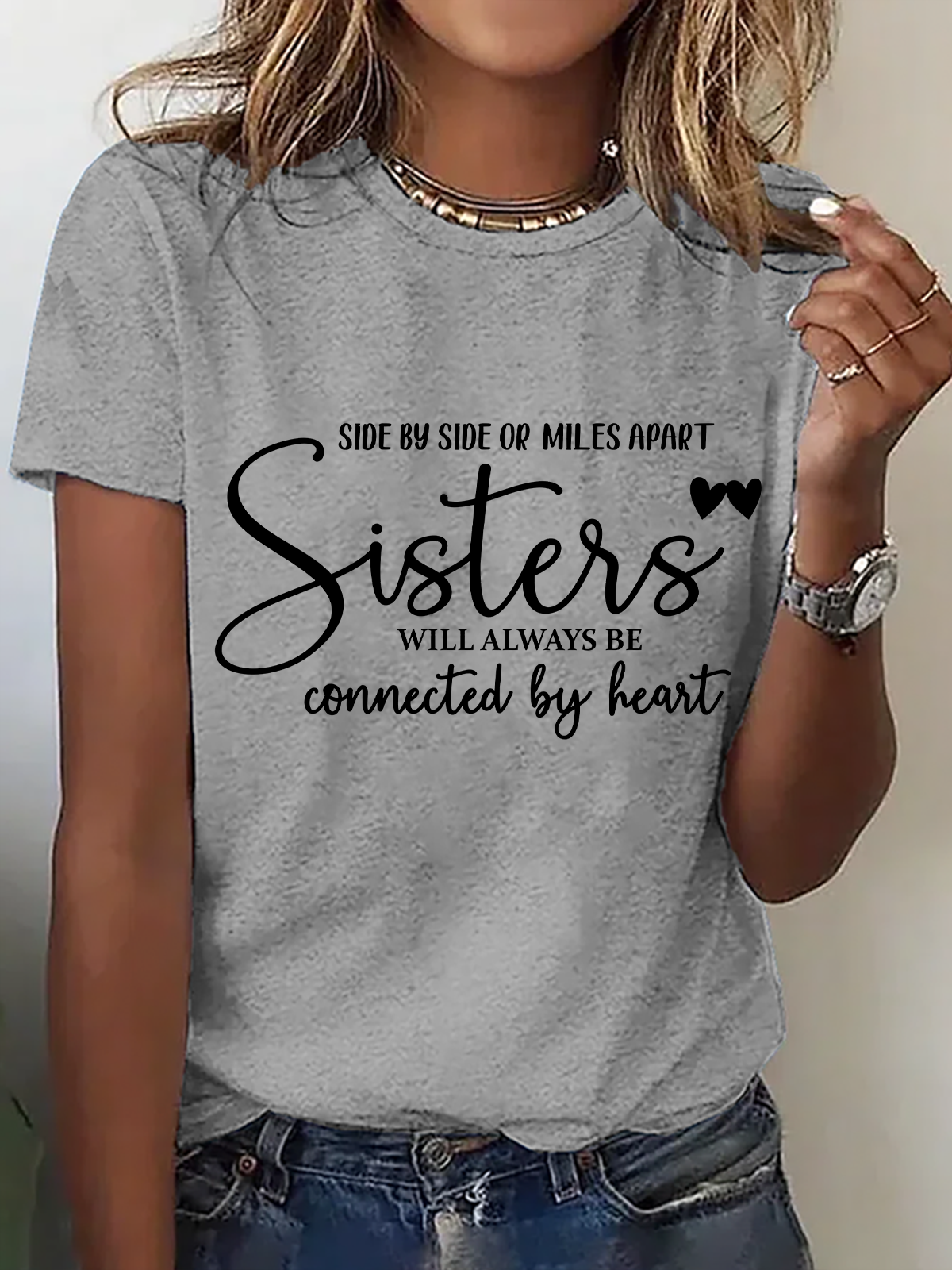 Side By Side Or Miles Apart Sisters Will Always Be Connected By Heart Cotton T-Shirt