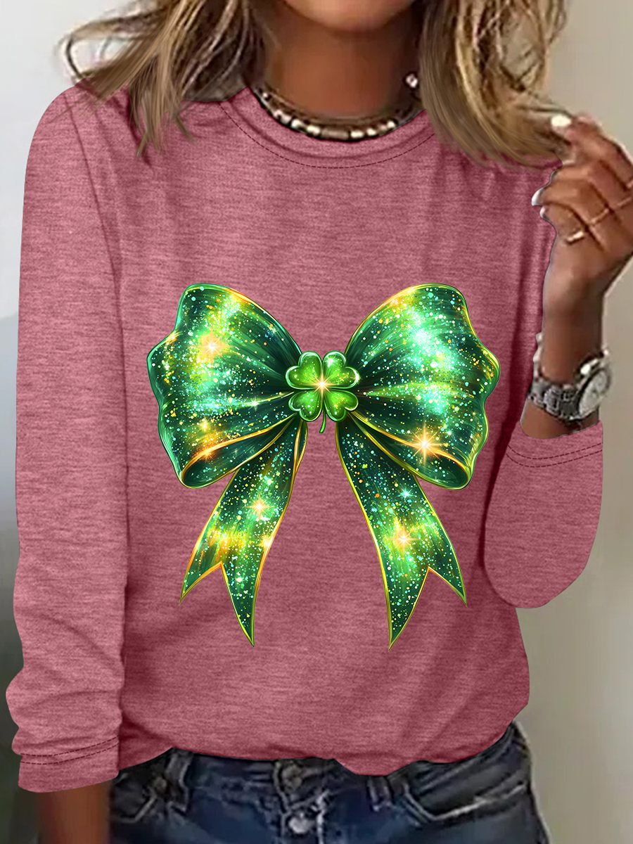 St. Patrick's Day Bow Shamrock Casual Long Sleeve Shirt