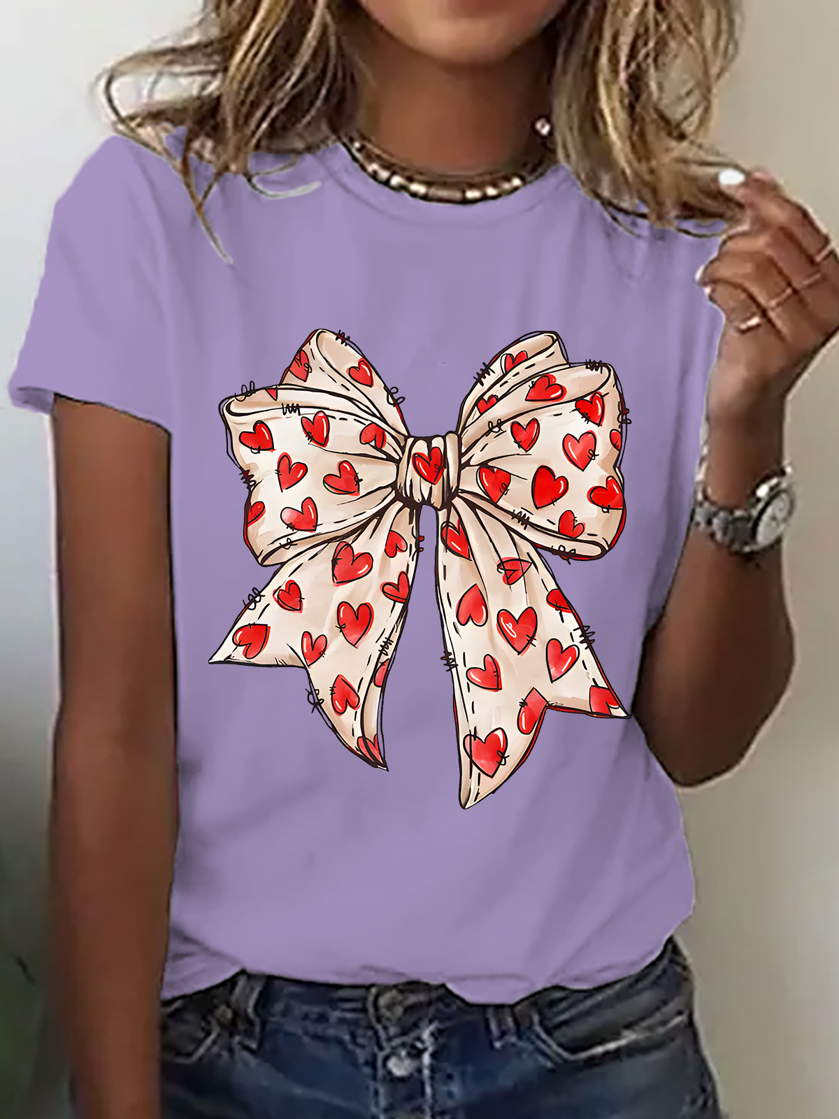 Valentine's Day Coquette Bow Hearts Cotton T-Shirt