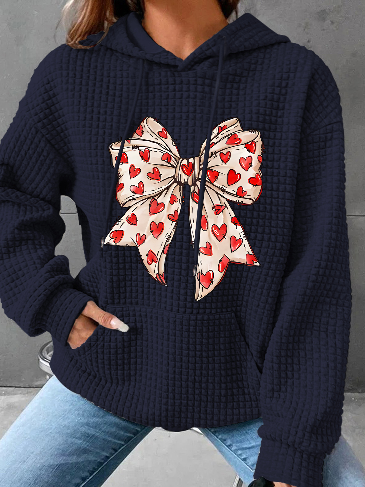 Valentine's Day Coquette Bow Hearts Simple Loose Hoodie