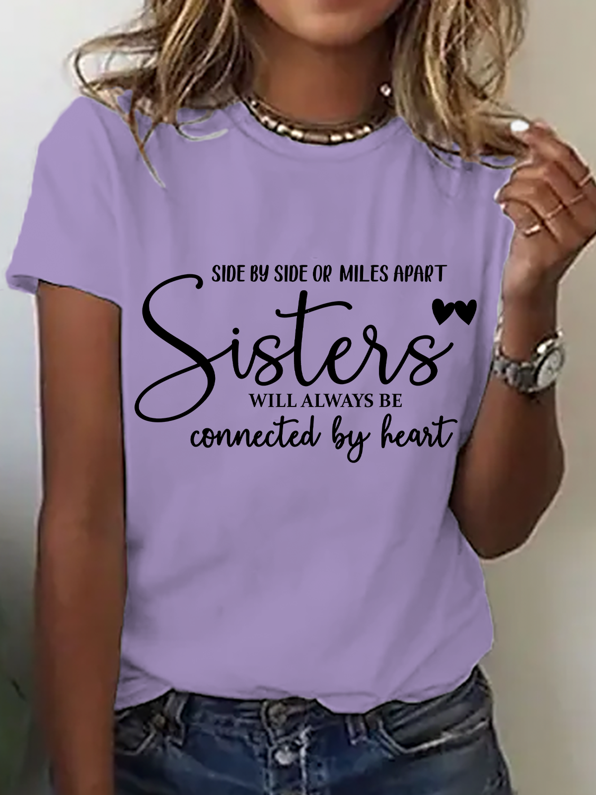 Side By Side Or Miles Apart Sisters Will Always Be Connected By Heart Cotton T-Shirt