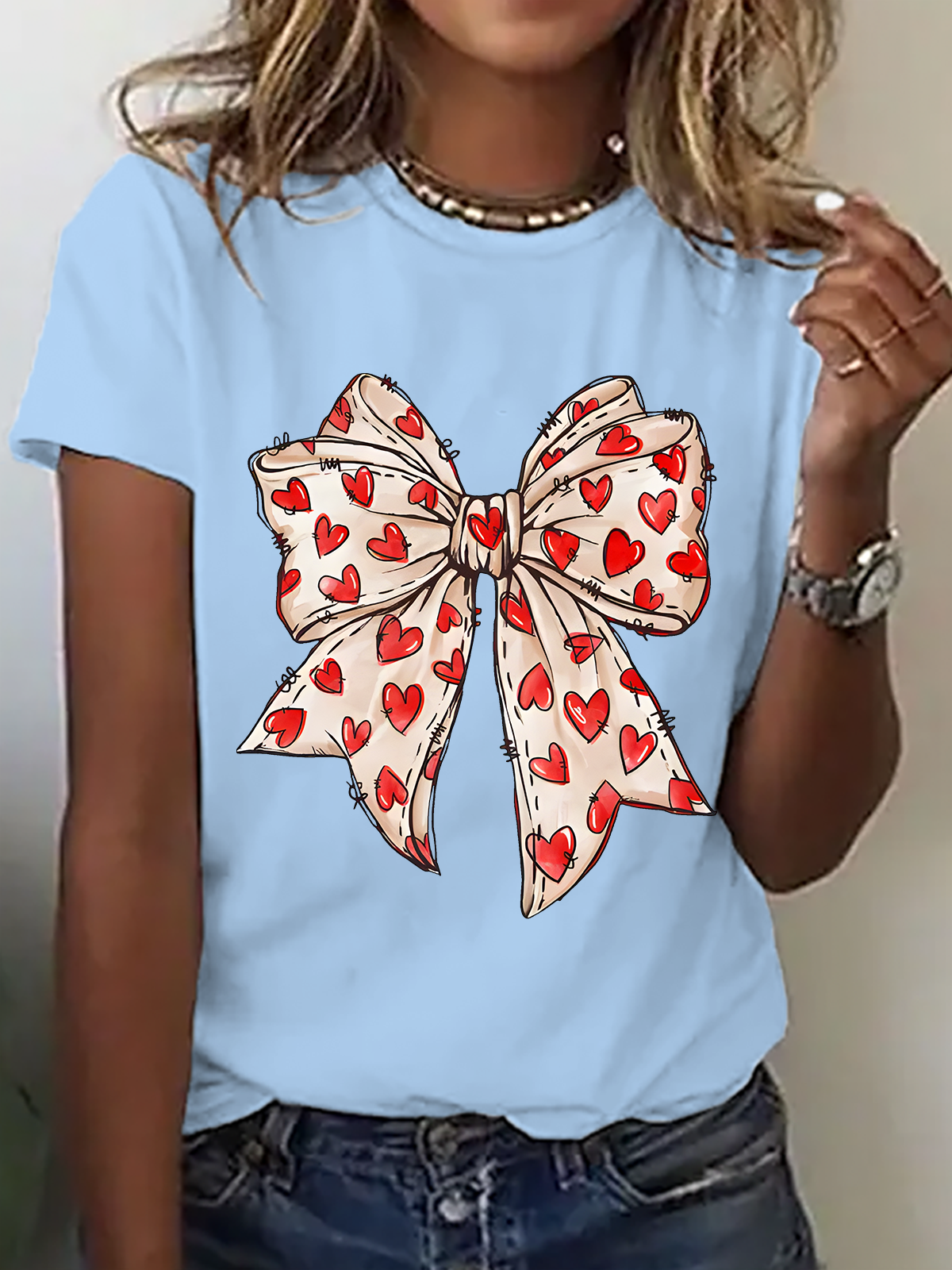 Valentine's Day Coquette Bow Hearts Cotton T-Shirt