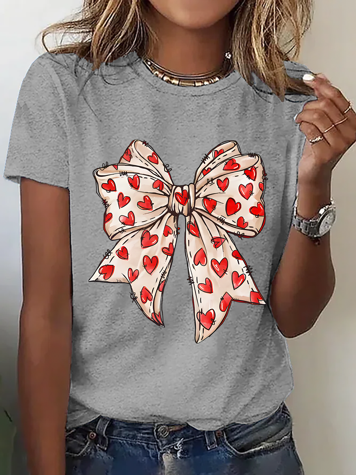 Valentine's Day Coquette Bow Hearts Cotton T-Shirt