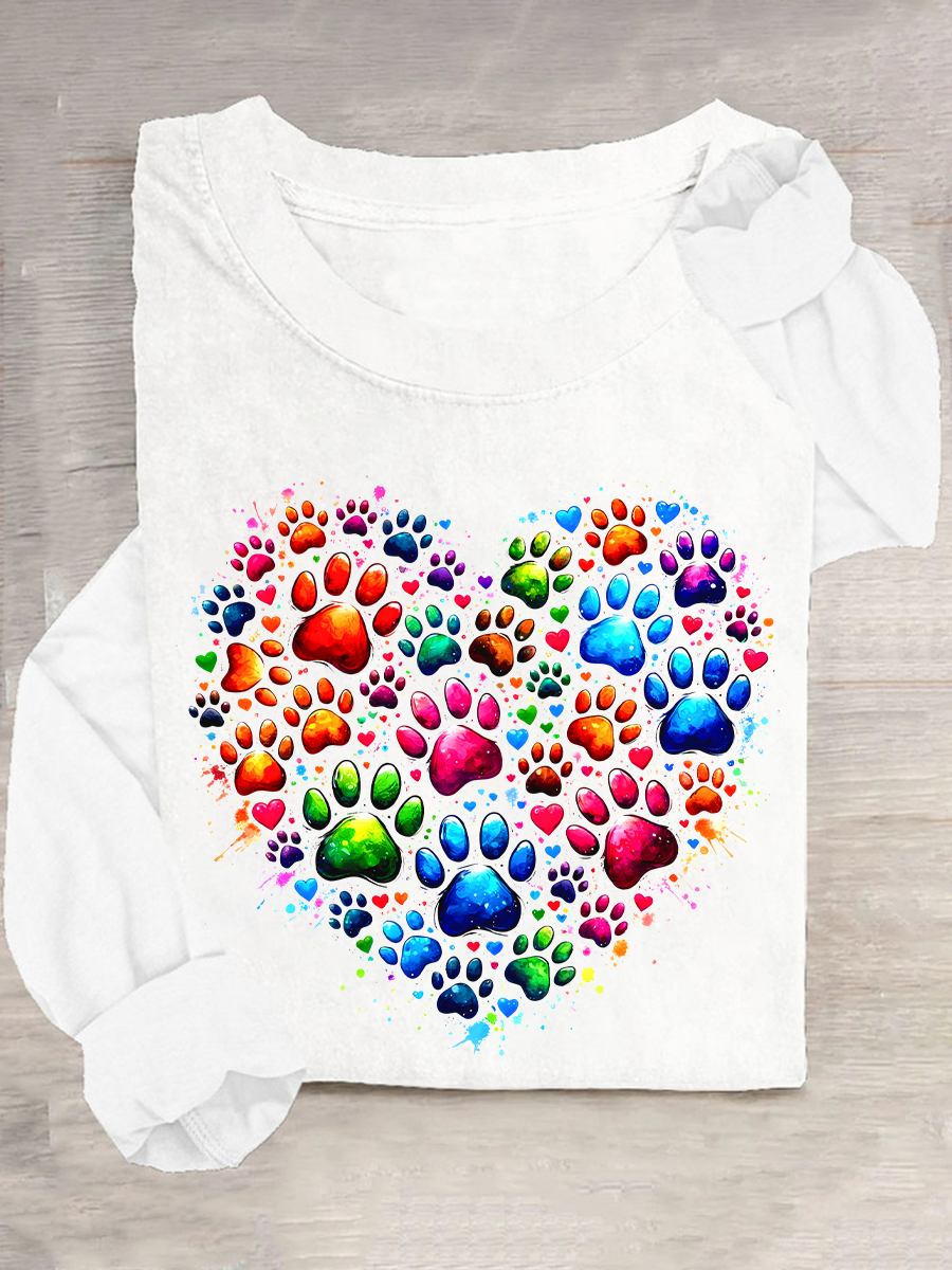 Colorful Paws Heart Casual Long Sleeve Shirt