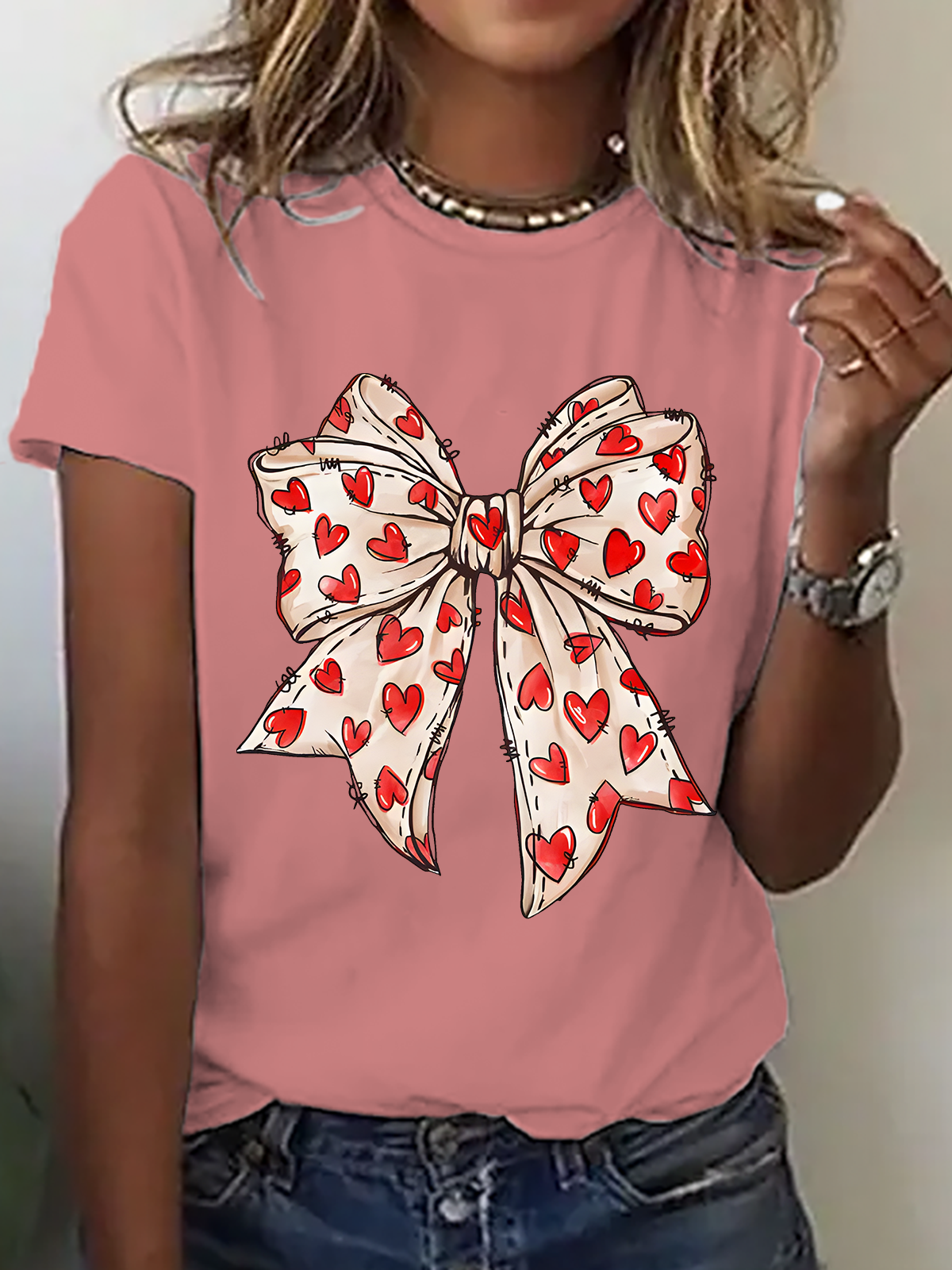 Valentine's Day Coquette Bow Hearts Cotton T-Shirt