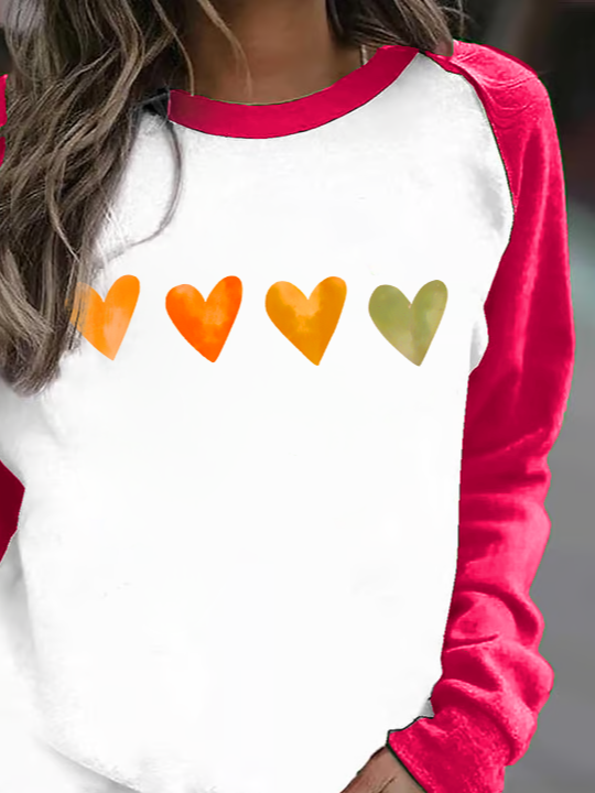 Women'S Watercolor Heart Print Crew Neck Sweatshirt