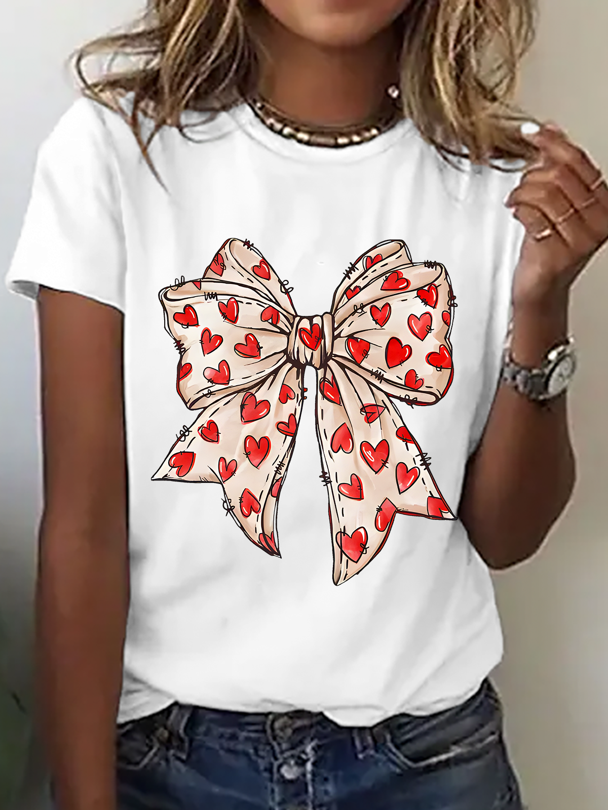 Valentine's Day Coquette Bow Hearts Cotton T-Shirt