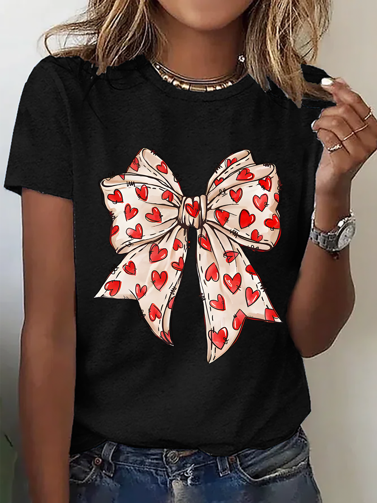 Valentine's Day Coquette Bow Hearts Cotton T-Shirt