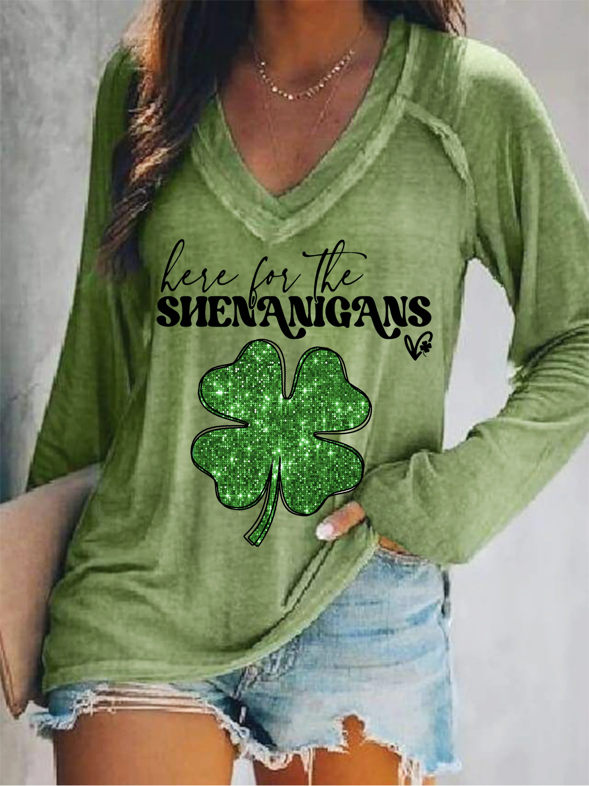 Cotton V Neck Four-Leaf Clover Casual T-Shirt