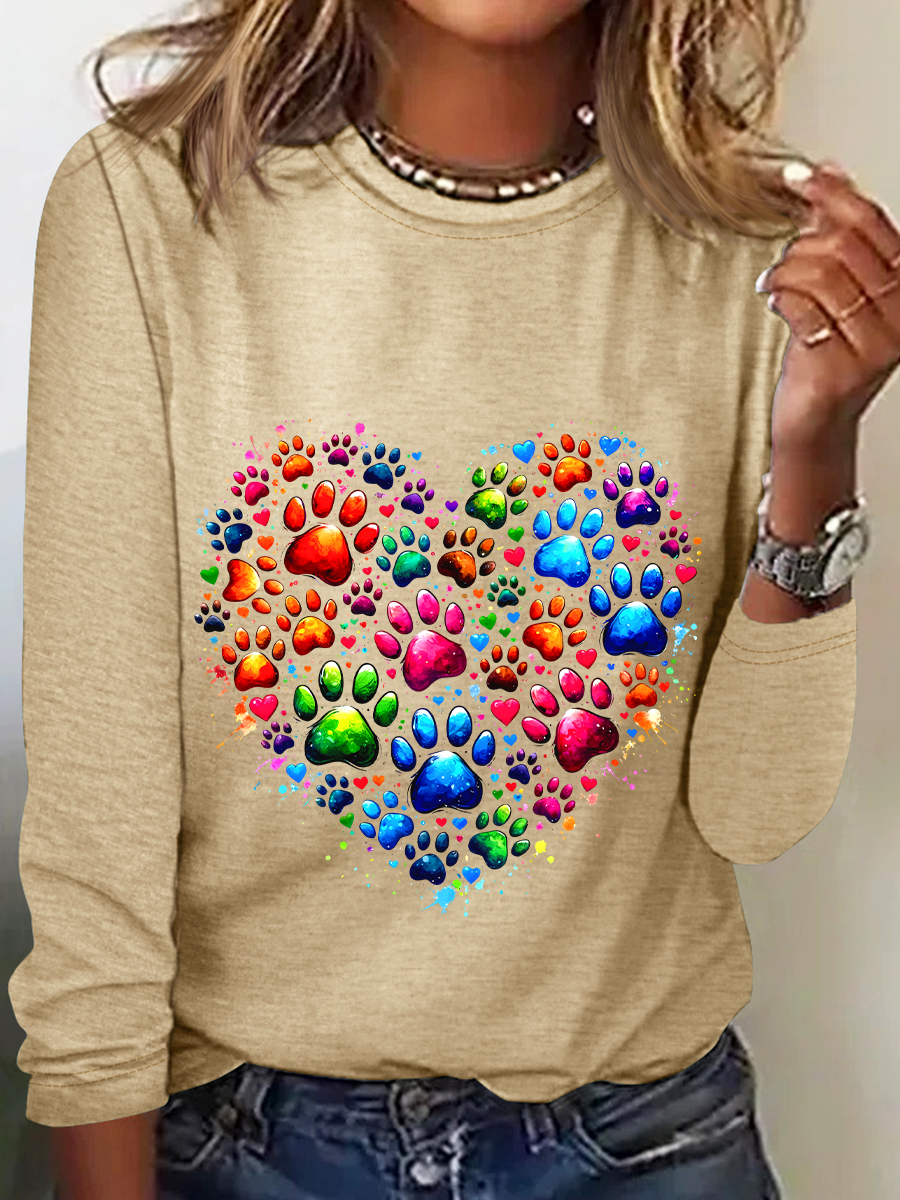 Colorful Paws Heart Casual Long Sleeve Shirt