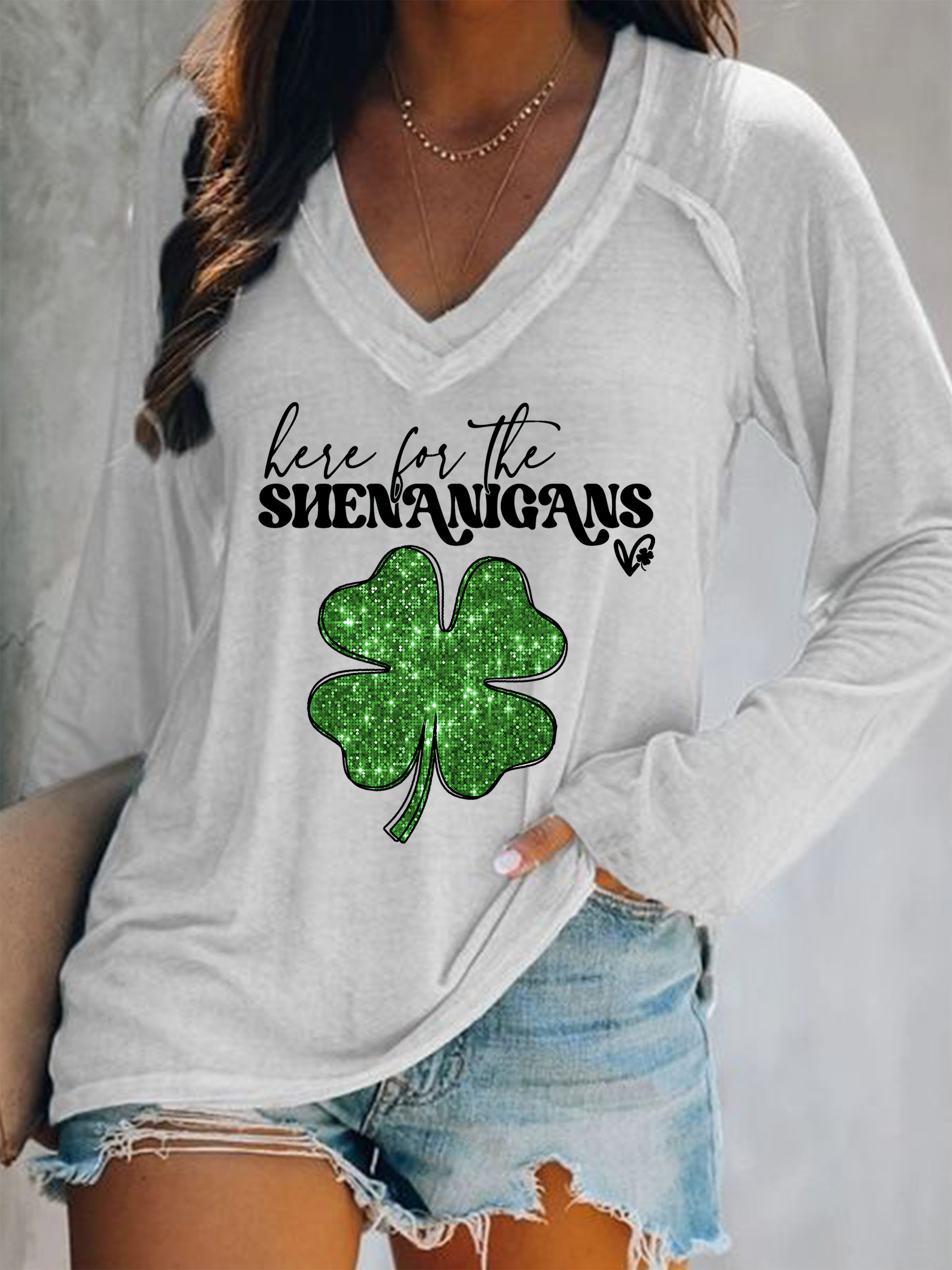 Cotton V Neck Four-Leaf Clover Casual T-Shirt