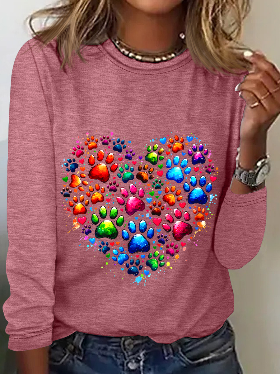 Colorful Paws Heart Casual Long Sleeve Shirt