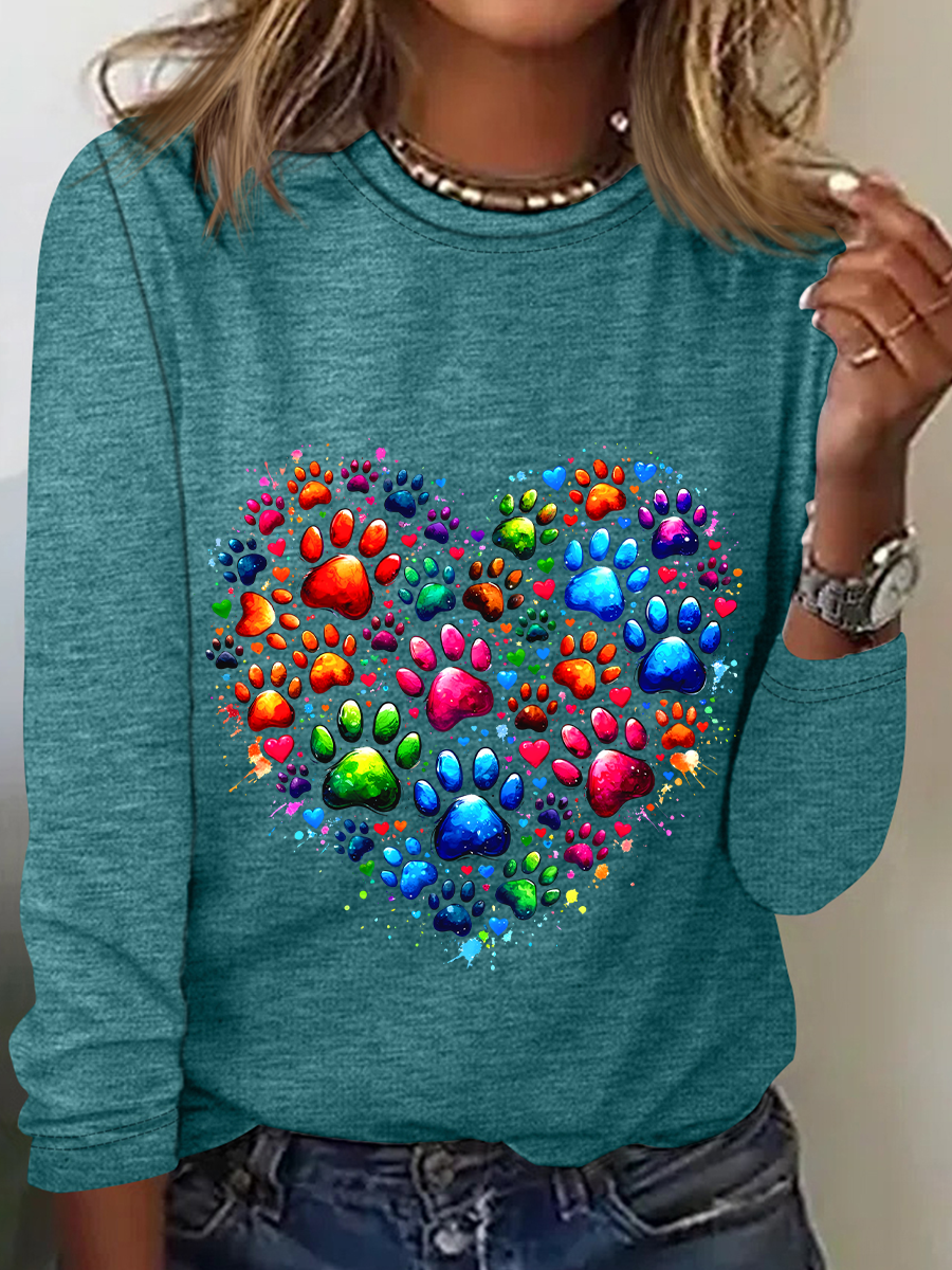 Colorful Paws Heart Casual Long Sleeve Shirt