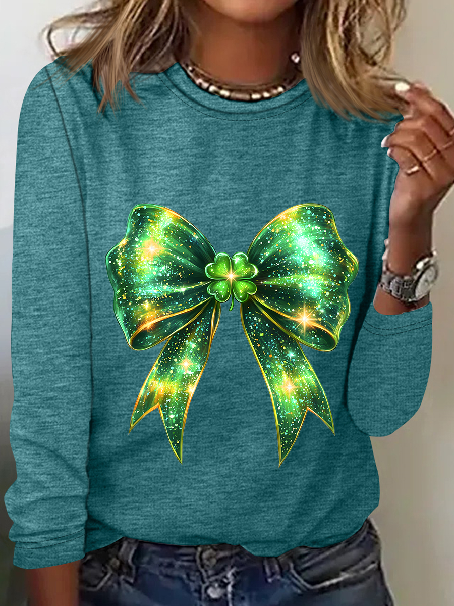 St. Patrick's Day Bow Shamrock Casual Long Sleeve Shirt