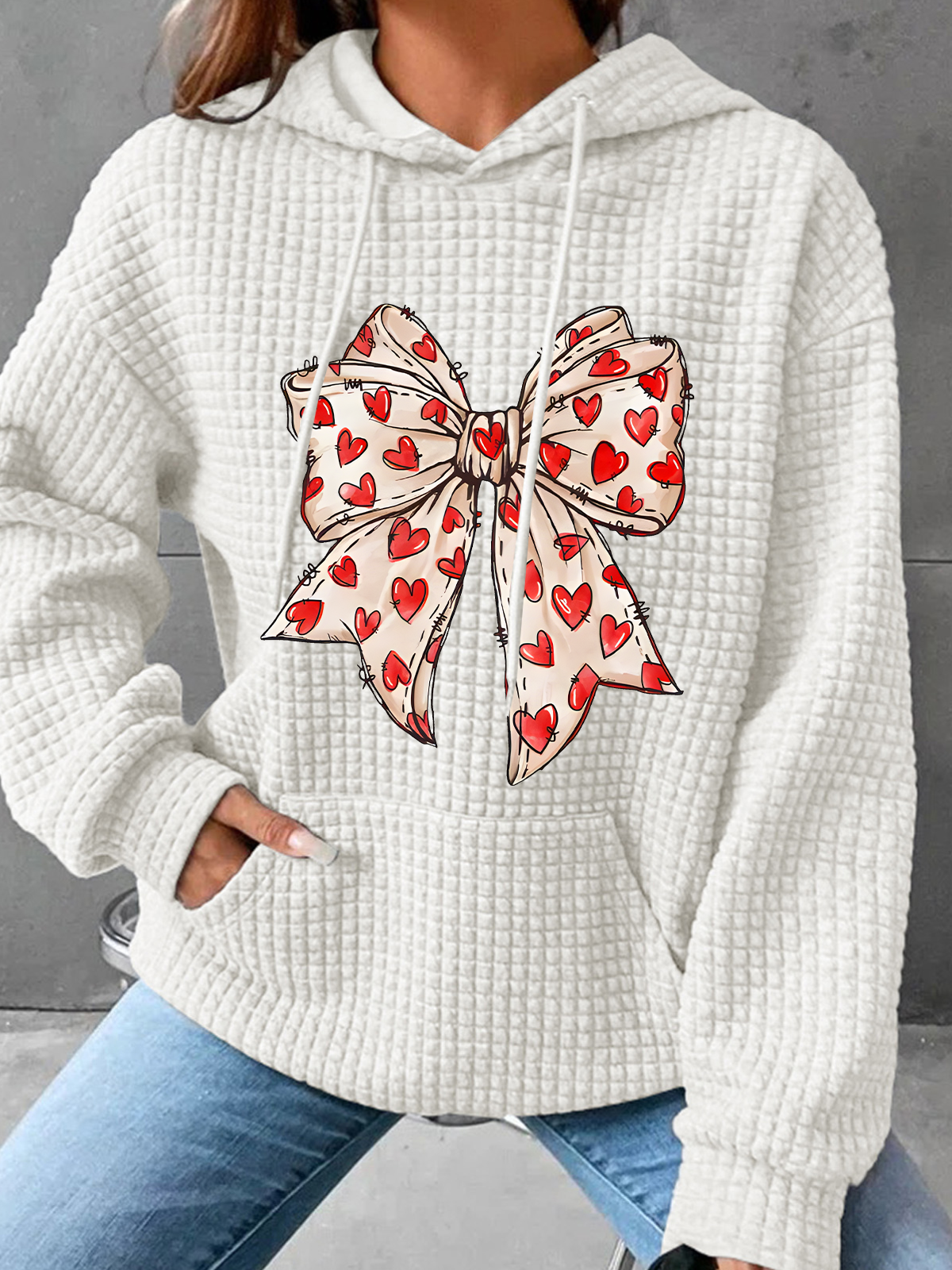 Valentine's Day Coquette Bow Hearts Simple Loose Hoodie