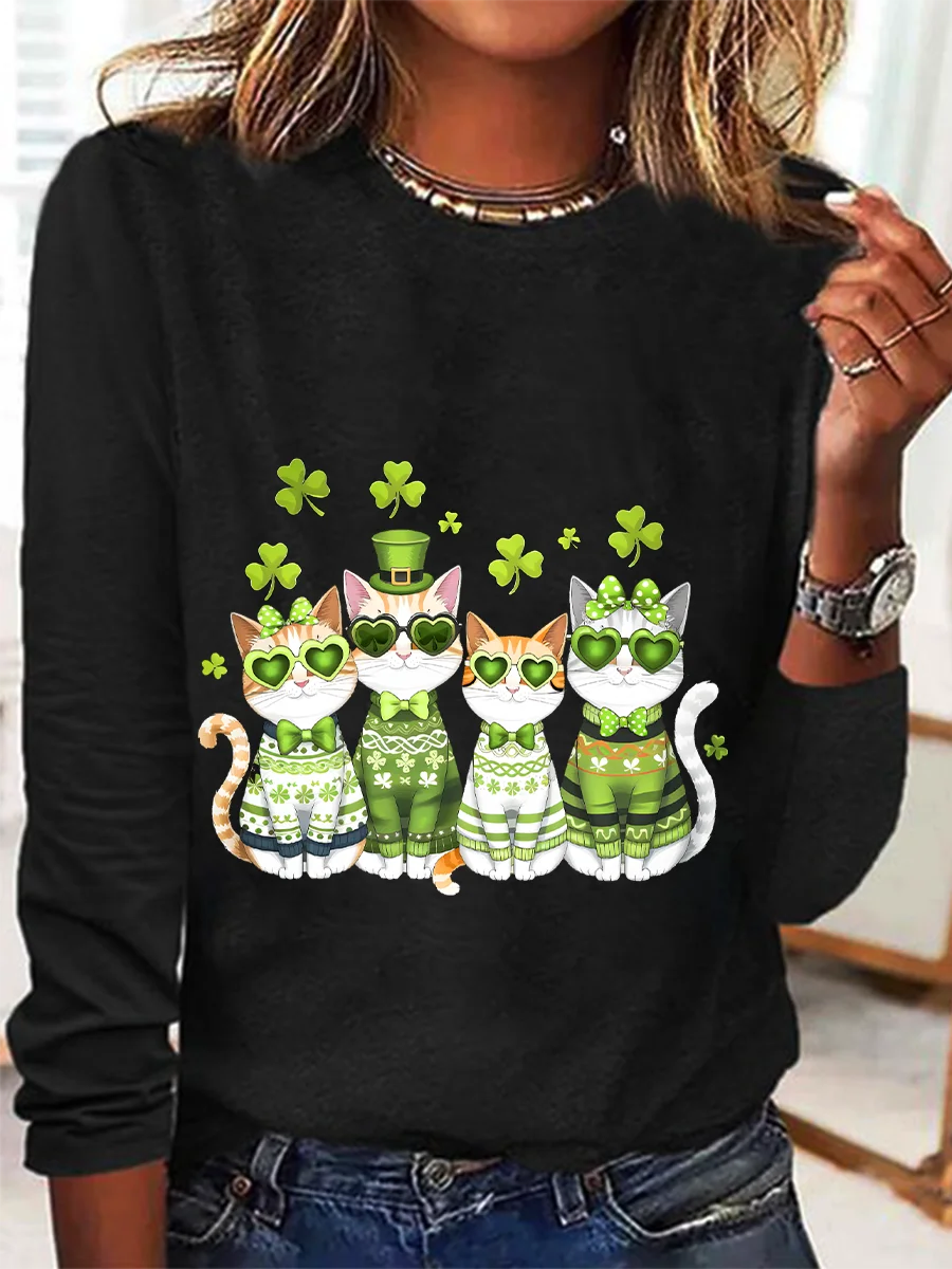 St. Patrick’S Day Cats Casual Long Sleeve Shirt