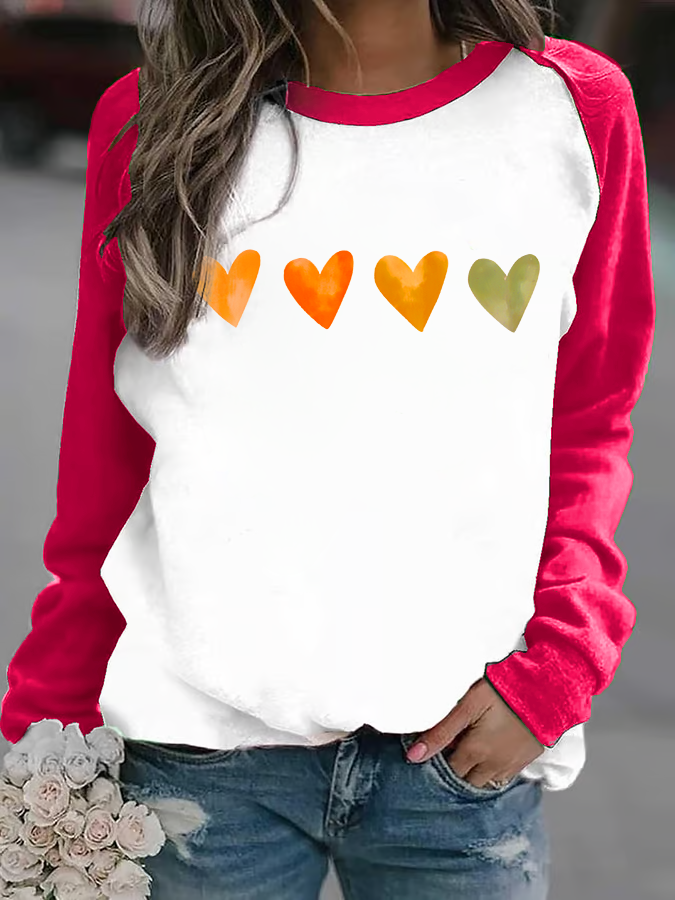 Women'S Watercolor Heart Print Crew Neck Sweatshirt