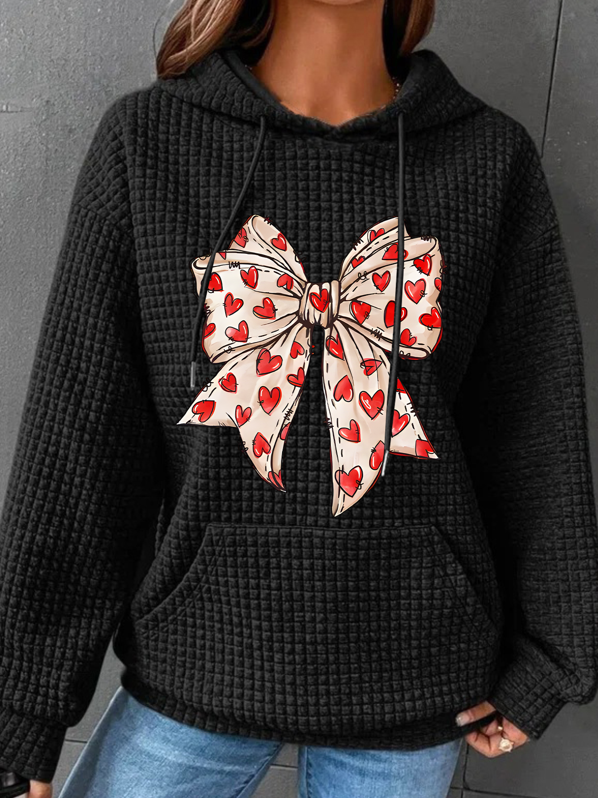 Valentine's Day Coquette Bow Hearts Simple Loose Hoodie