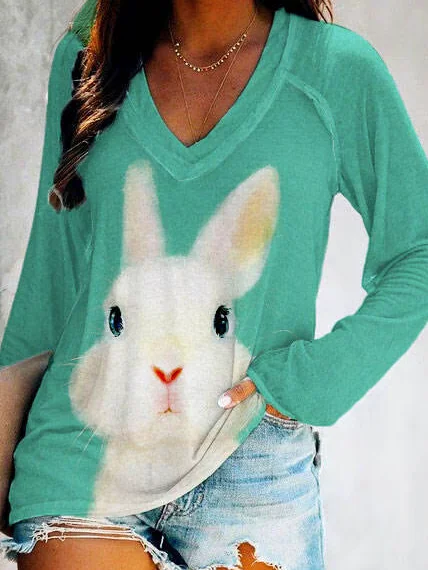 Women's Easter Bunny Print V-Neck T-Shirt