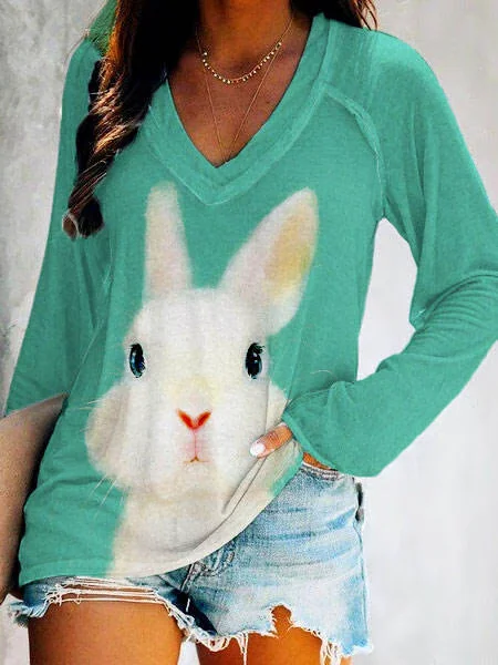 Women's Easter Bunny Print V-Neck T-Shirt