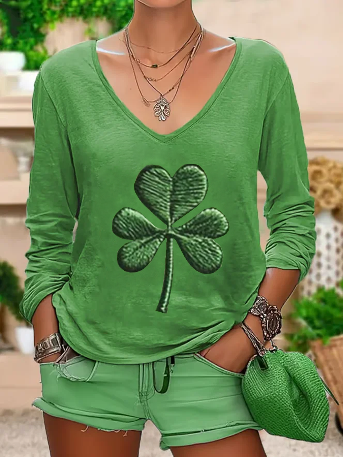 St. Patrick's Day Clover Print 100% cotton V-neck long sleeve T-shirt