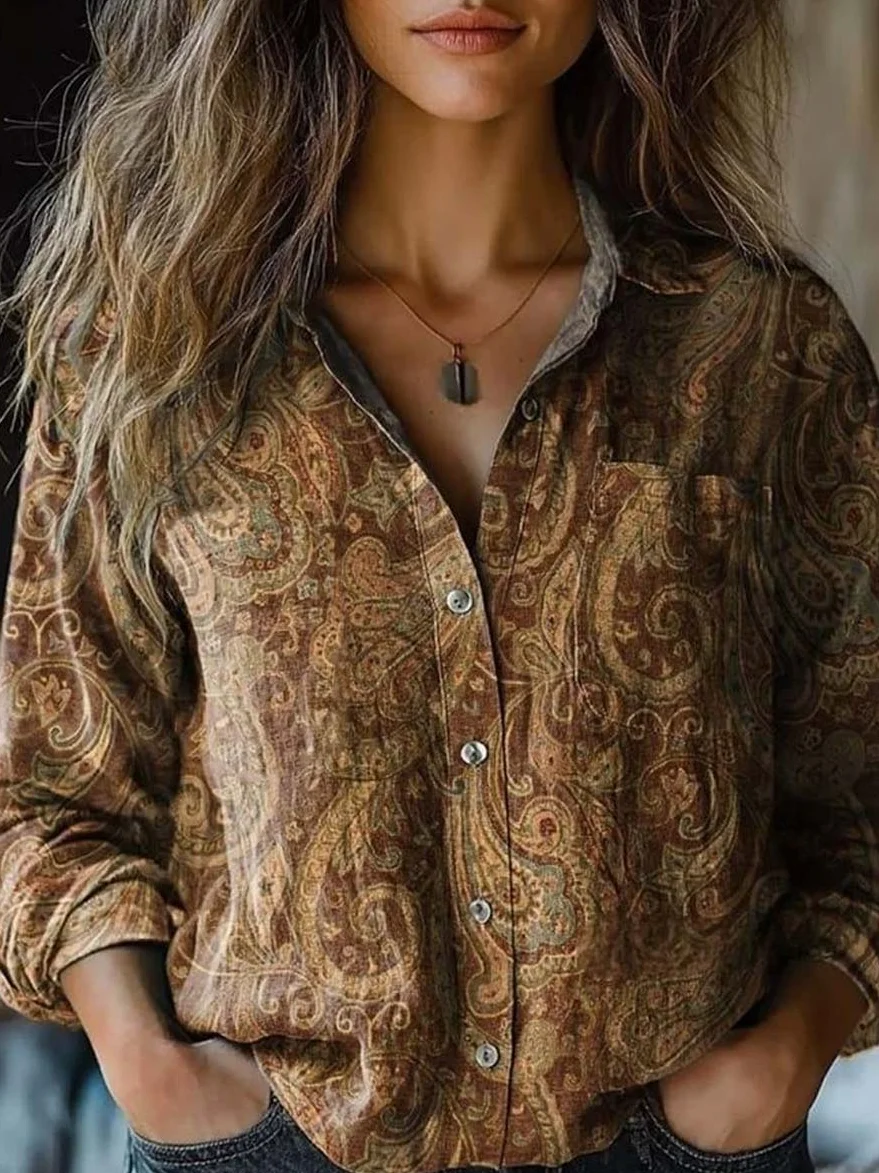 Paisley Shawl Collar Loose Casual Shirt