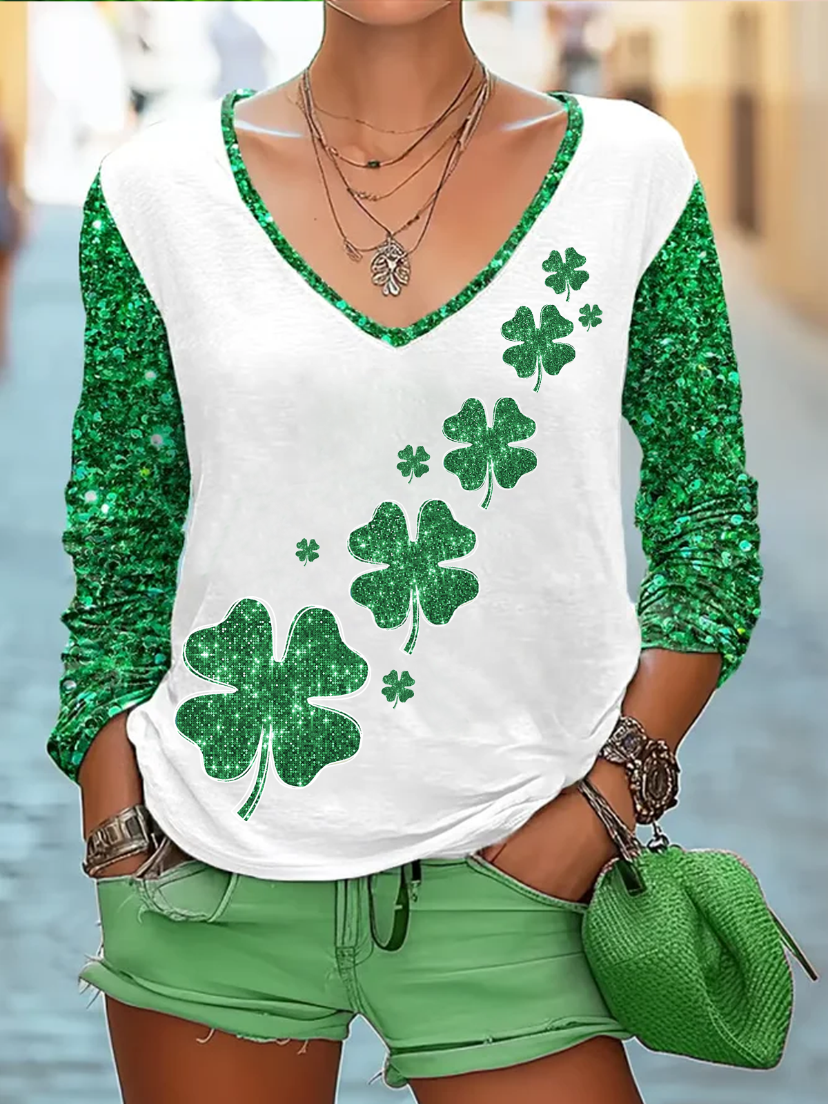 St. Patrick's Day Four-leaf Clover print 100% cotton V-neck long sleeve T-shirt