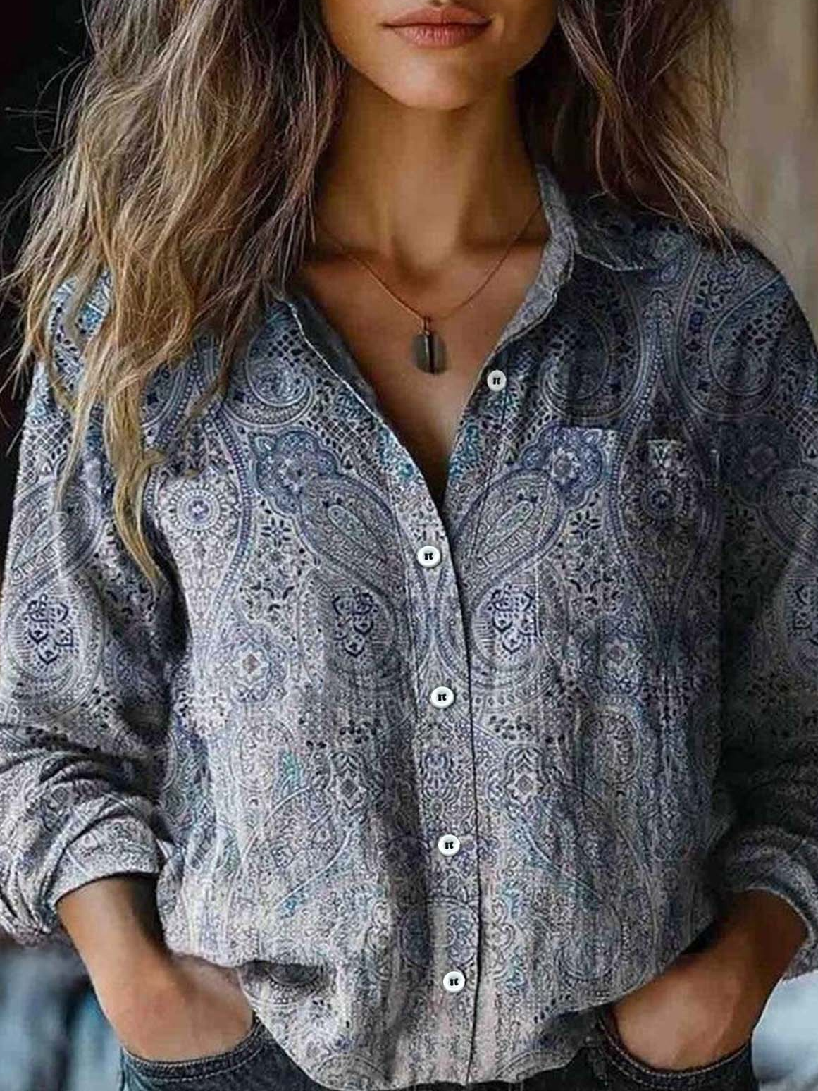 Women's Retro Floral Totem Print Casual Long Sleeve Comfortable Cotton Shirt