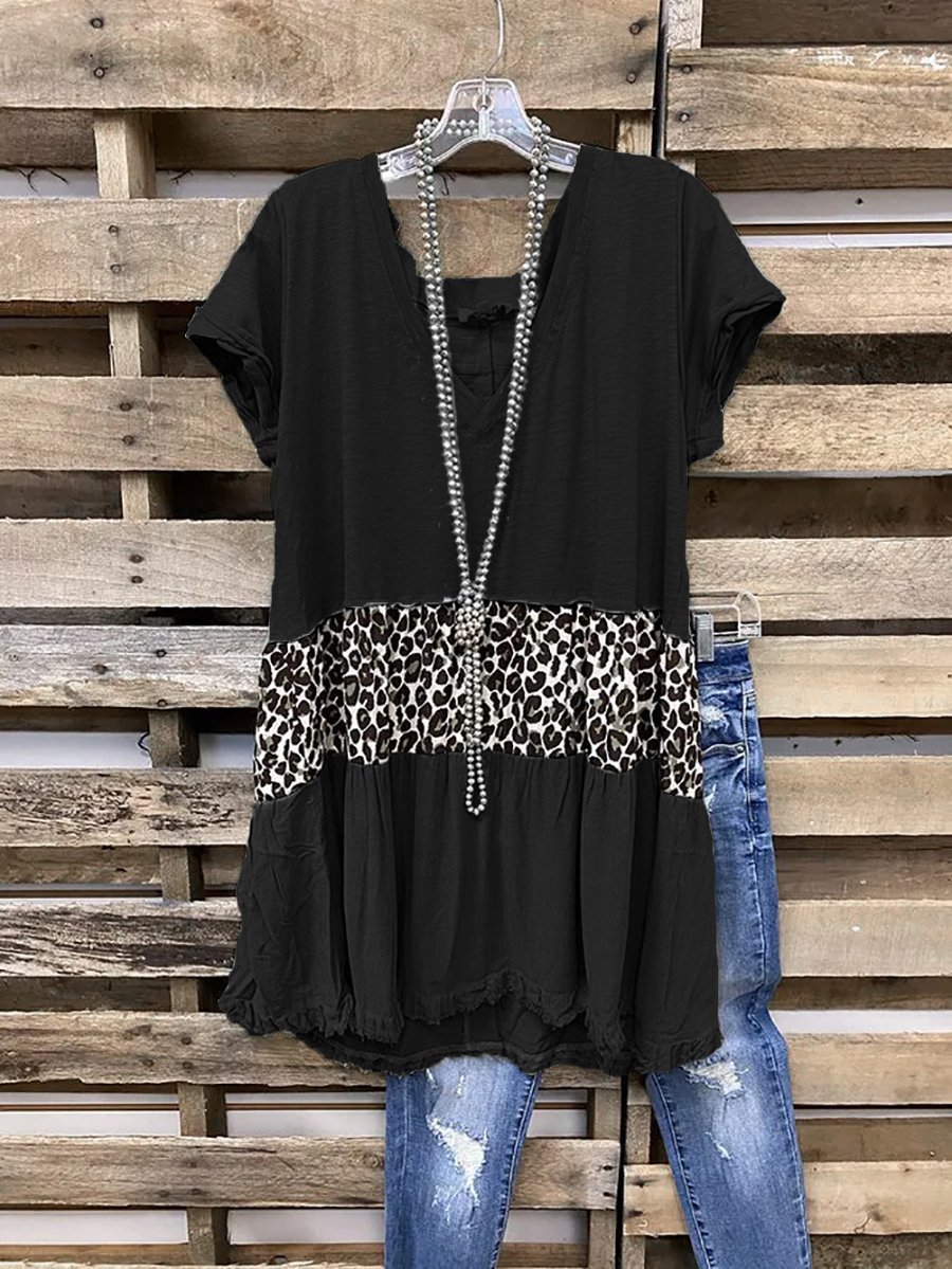 Leopard V Neck Cotton Short Sleeve T-shirt & Top