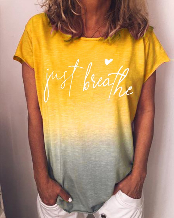 Women Letter Just Breathe Graphic Crew Neck Casual T-shirt Top