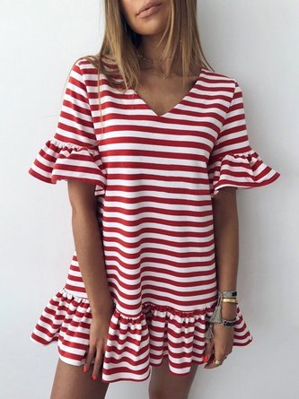 Swing Women Daily Frill Sleeve Casual Striped Summer Dress
