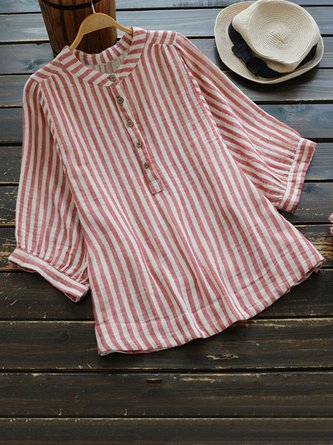 Striped Cotton Linen Stand Collar Plus Size Shirt