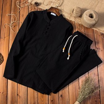 Chinese Style Casual Set Solid color Cotton Linen Men's Long-sleeved T-shirt Trousers Two-piece